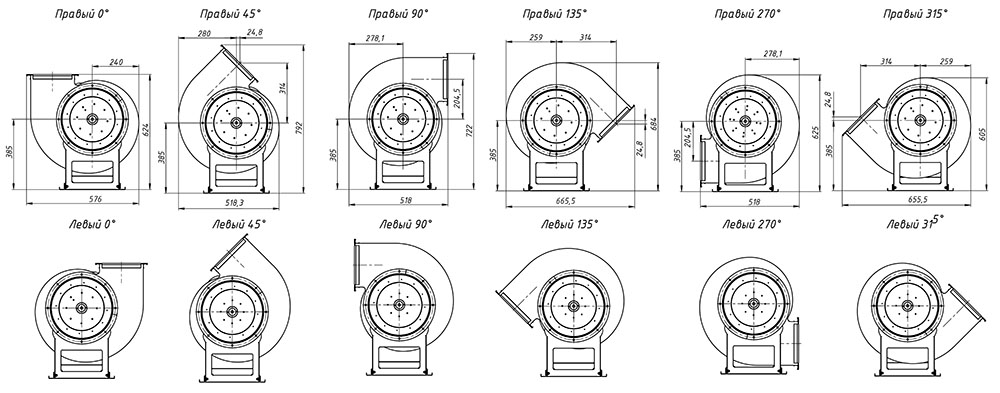 Габаритные и присоединительные размеры радиального вентилятора ВР 80-75 № 3.15 0.37/1500 Исполнение 1, зависящие от положения корпуса